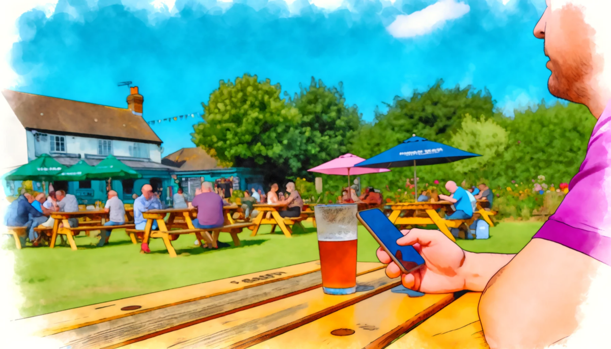 a diner sits in a beergarden ordering from his mobile phone